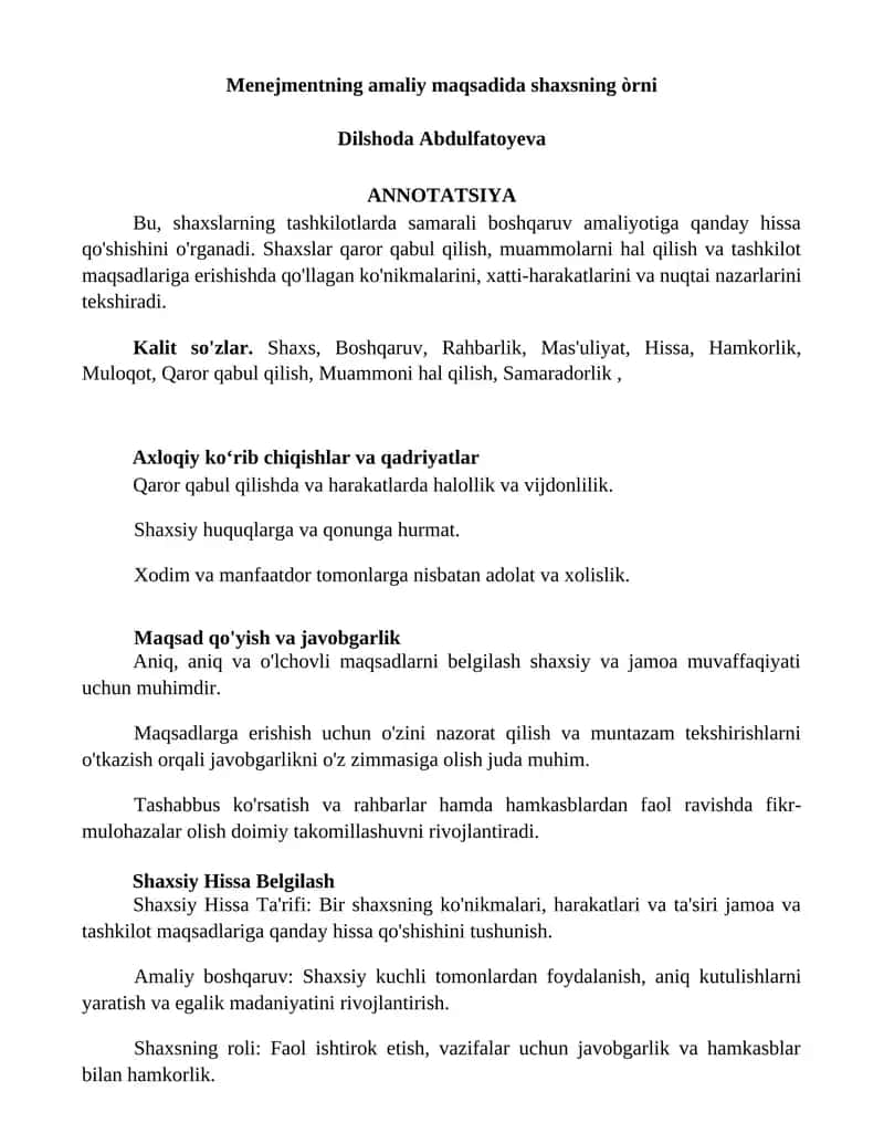 Menejmentning amaliy maqsadida shaxsning òrni