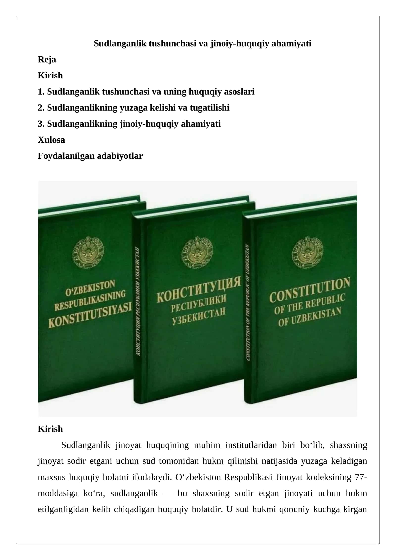 Sudlanganlik tushunchasi va jinoiy-huquqiy ahamiyati