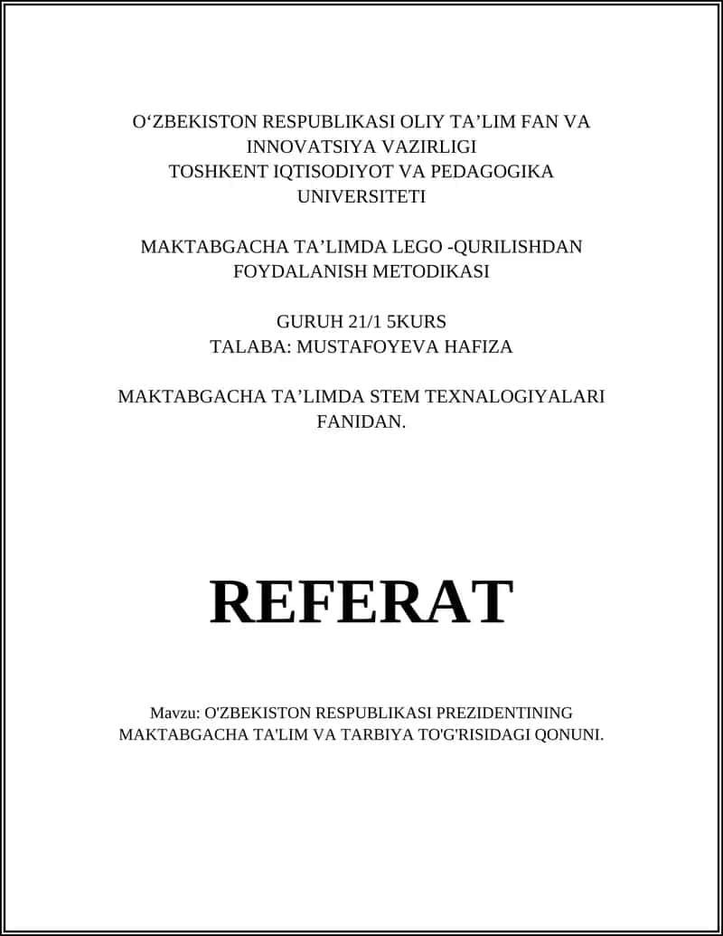 O'ZBEKISTON RESPUBLIKASI PREZIDENTINING MAKTABGACHA TA'LIM VA TARBIYA TO'G'RISIDAGI QONUNI