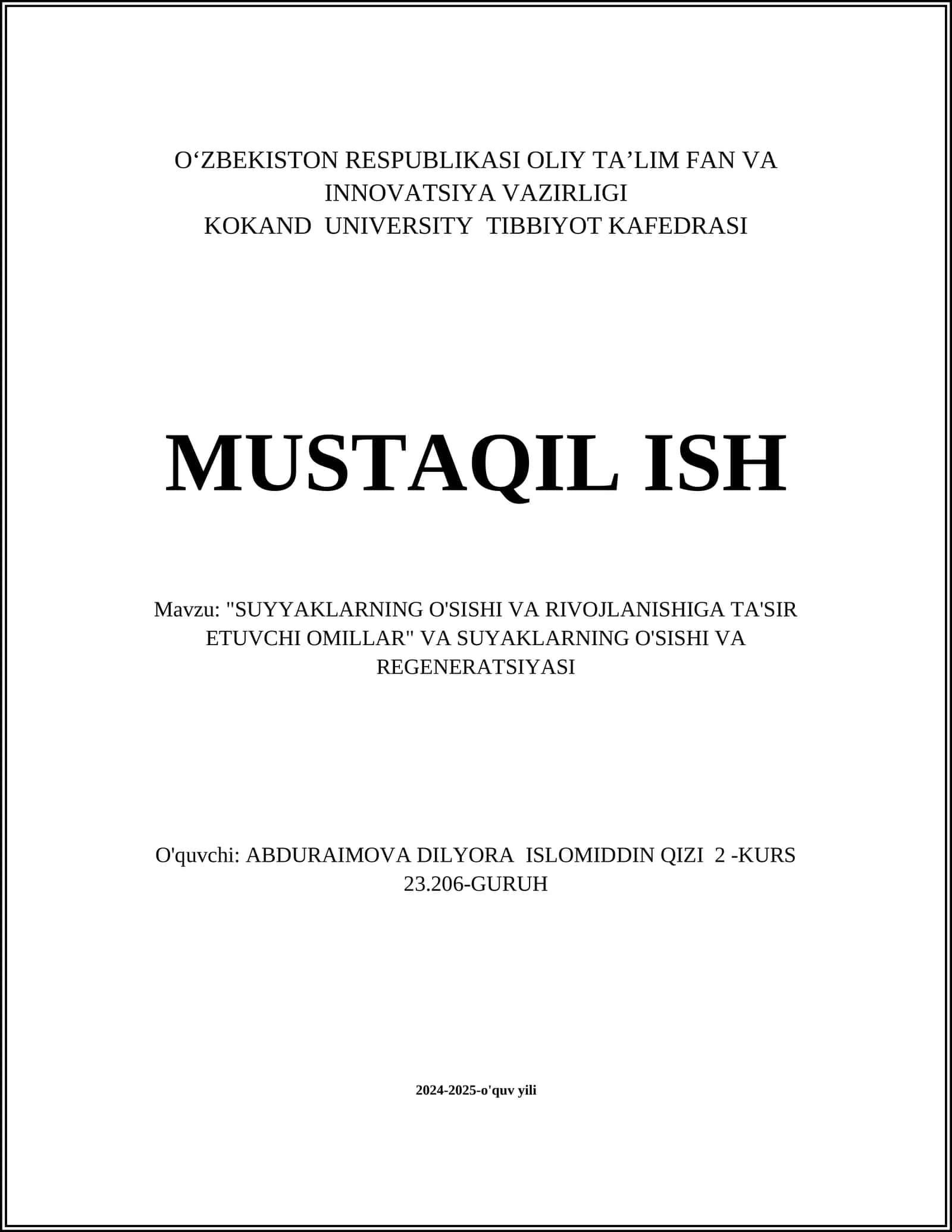 SUYYAKLARNING O'SISHI VA RIVOJLANISHIGA TA'SIR ETUVCHI OMILLAR