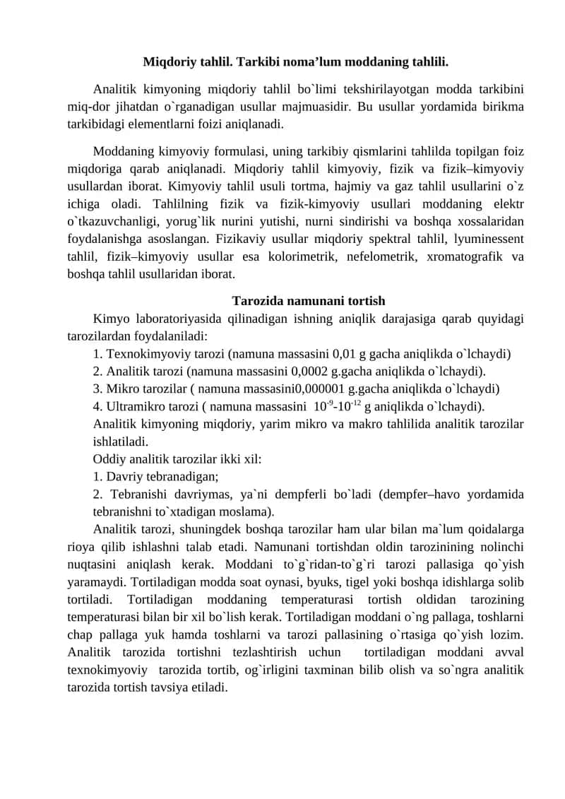 Analitik Kimyoning Miqdoriy Tahlil Bo`limi