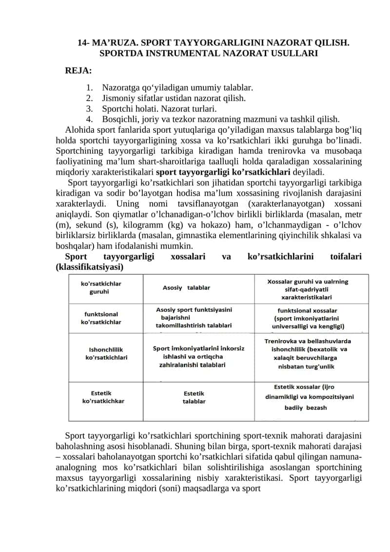 SPORT TAYYORGARLIGINI NAZORAT QILISH