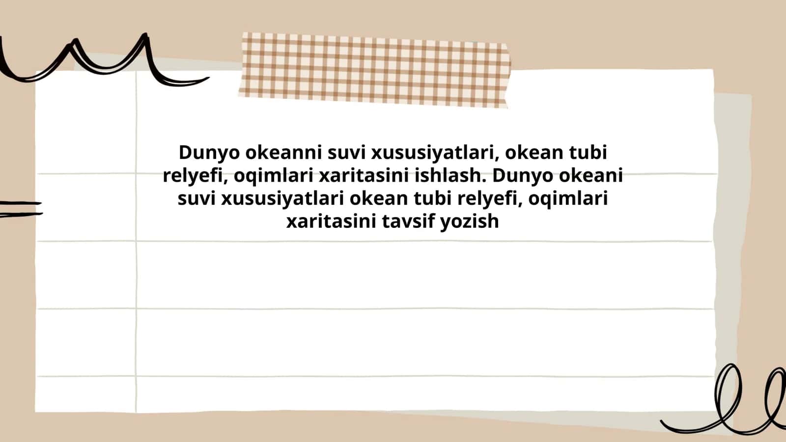 Dunyo okeanni suvi xususiyatlari, okean tubi relyefi, oqimlari xaritasini ishlash. Dunyo okeani suvi xususiyatlari okean tubi relyefi, oqimlari xaritasini tavsif yozish