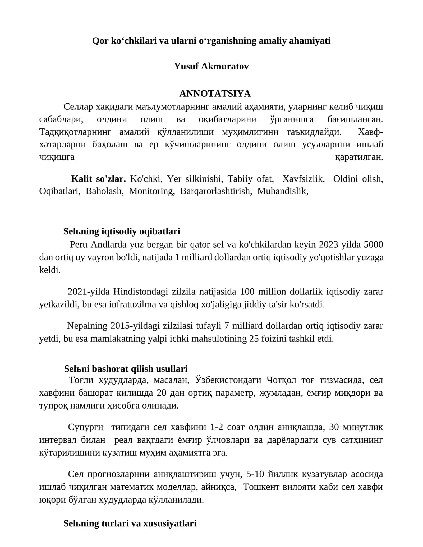 Qor ko‘chkilari va ularni o‘rganishning amaliy ahamiyati