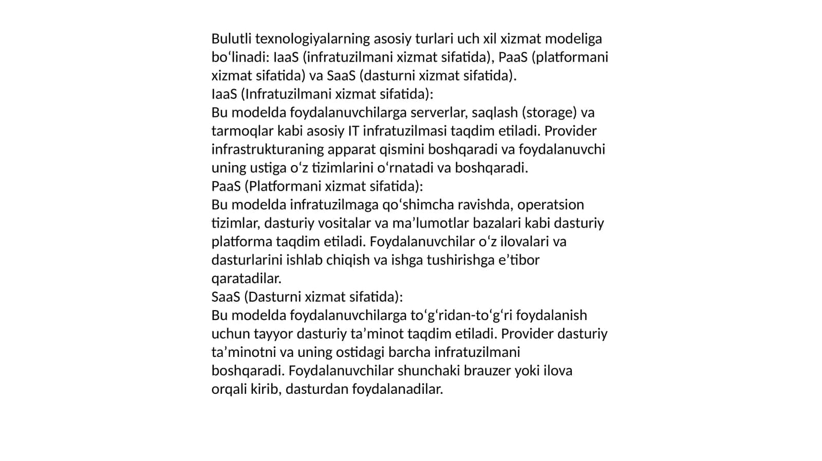 Bulutli texnologiyalar turlari