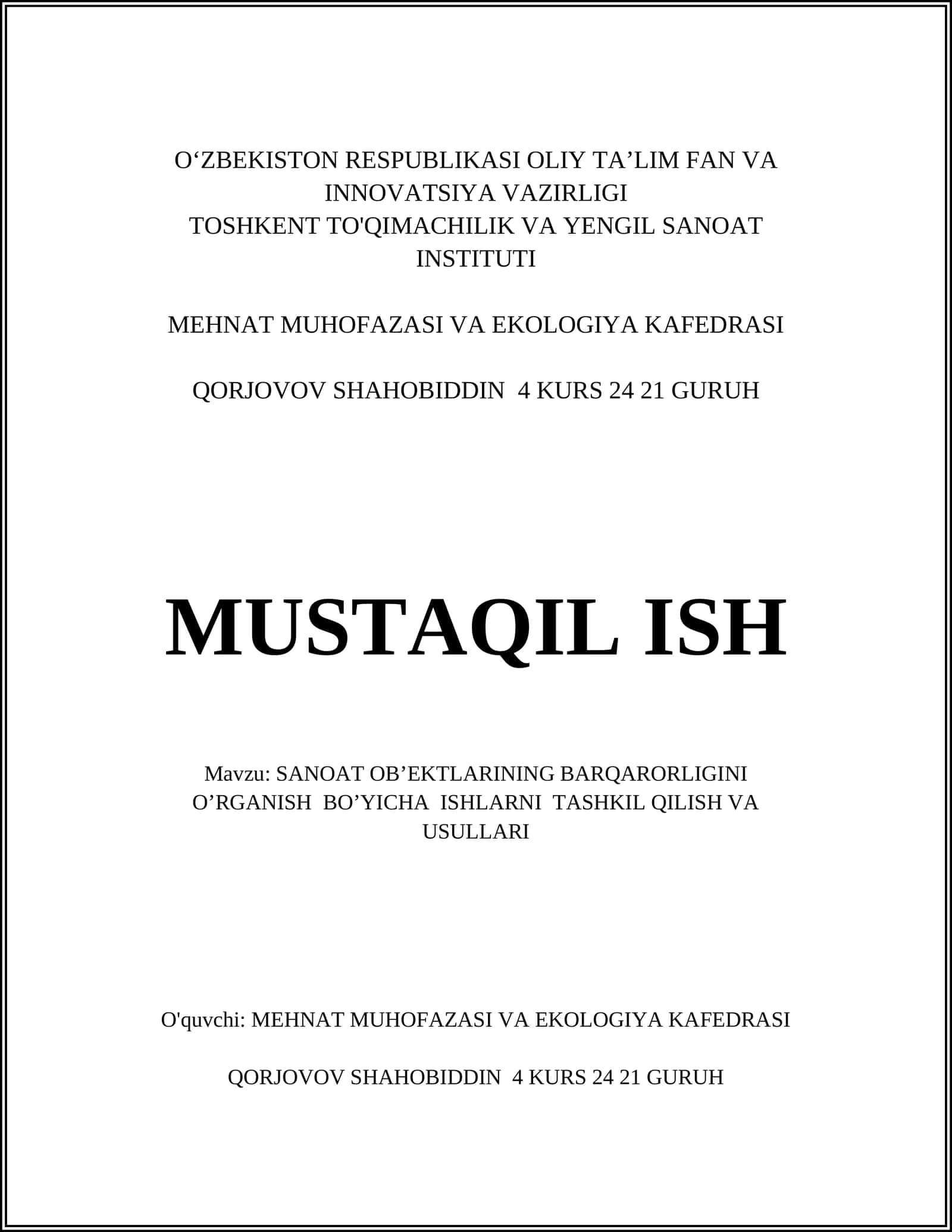SANOAT OB’EKTLARINING BARQARORLIGINI O’RGANISH BO’YICHA ISHLARNI TASHKIL QILISH VA USULLARI