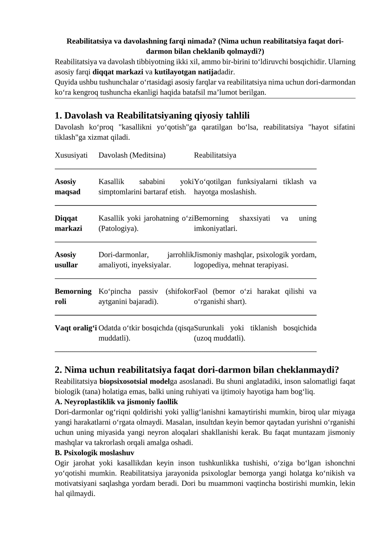 Reabilitatsiya va davolashning farqi nimada?