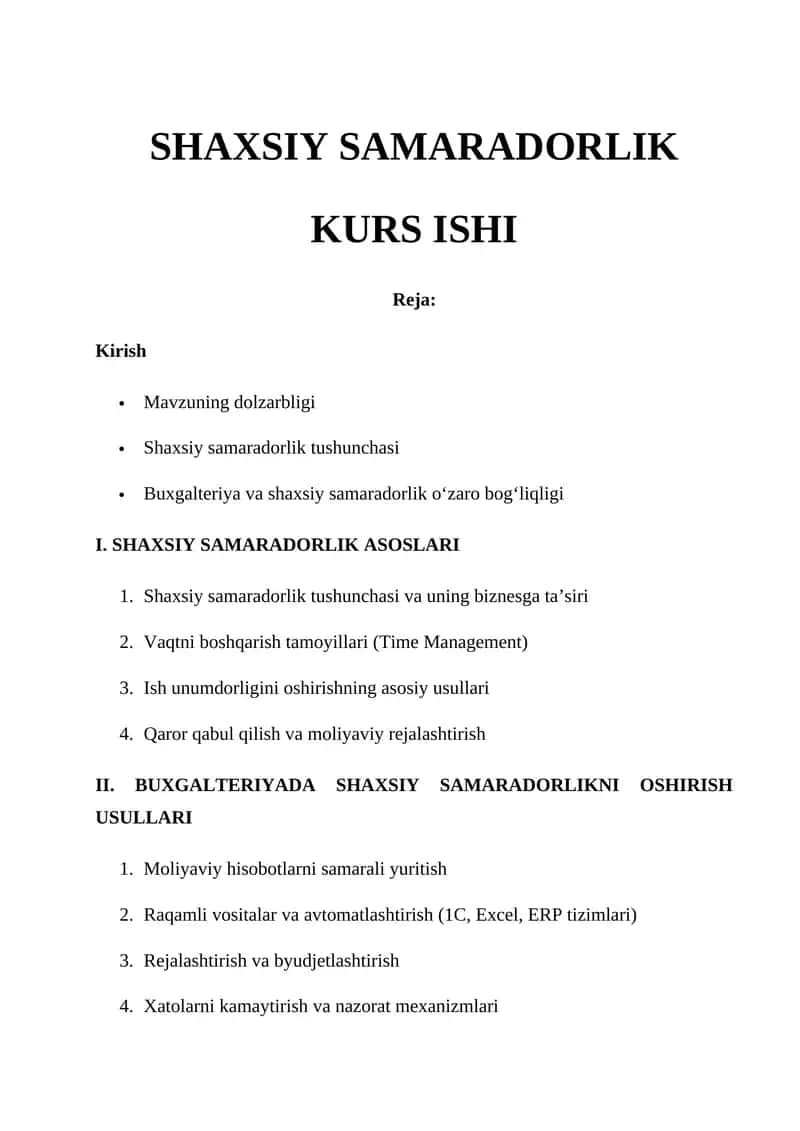 SHAXSIY SAMARADORLIK KURS ISHI