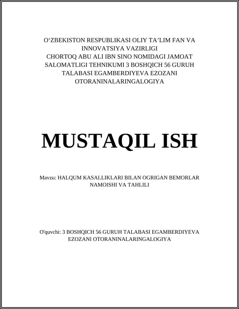 HALQUM KASALLIKLARI BILAN OGRIGAN BEMORLAR NAMOISHI VA TAHLILI