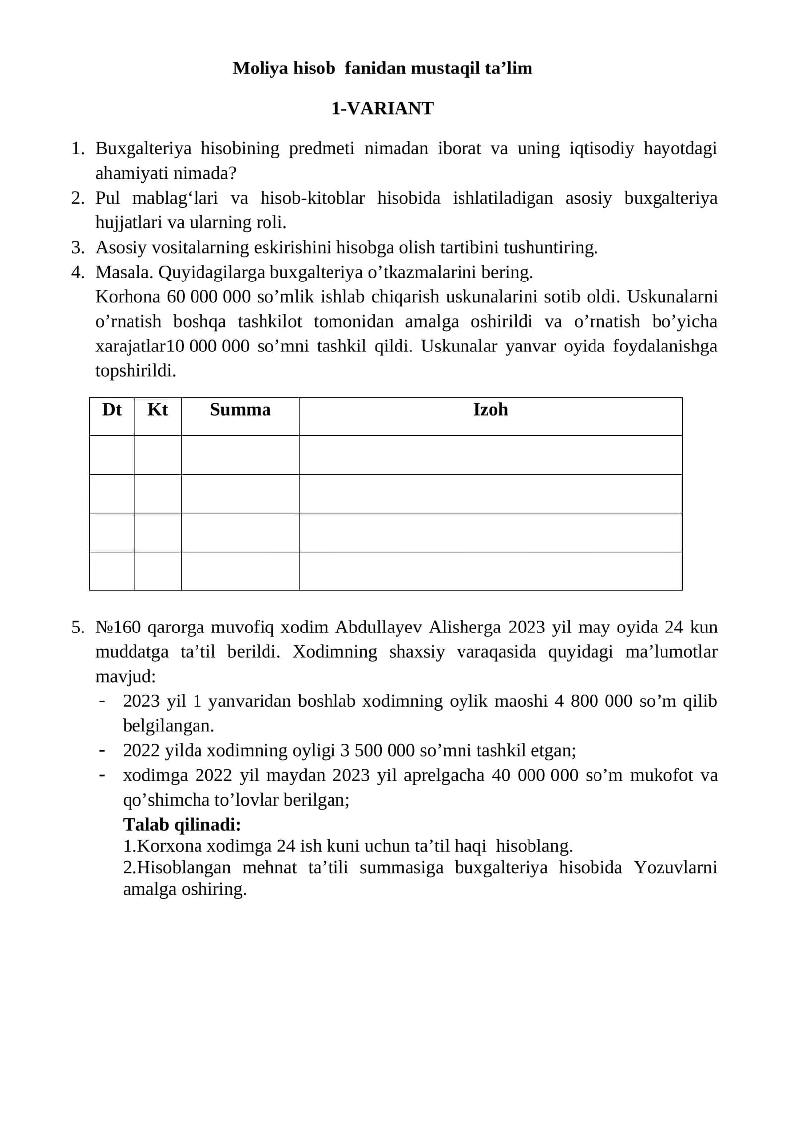 Moliya hisob fanidan mustaqil ta’lim