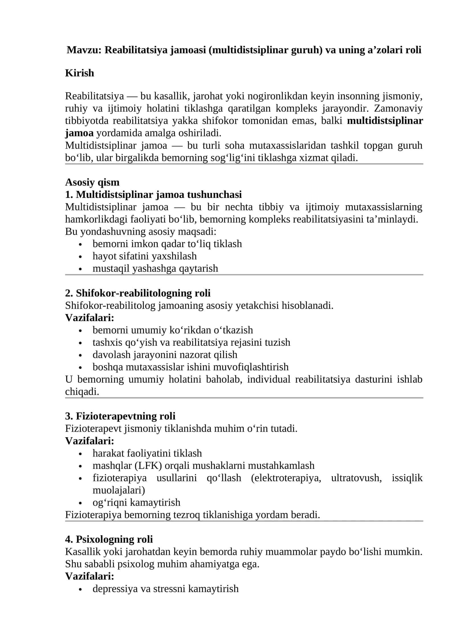 Reabilitatsiya jamoasi (multidistsiplinar guruh) va uning a’zolari roli