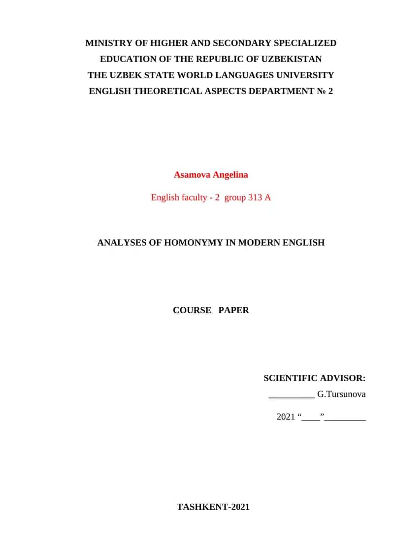 ANALYSES OF HOMONYMY IN MODERN ENGLISH