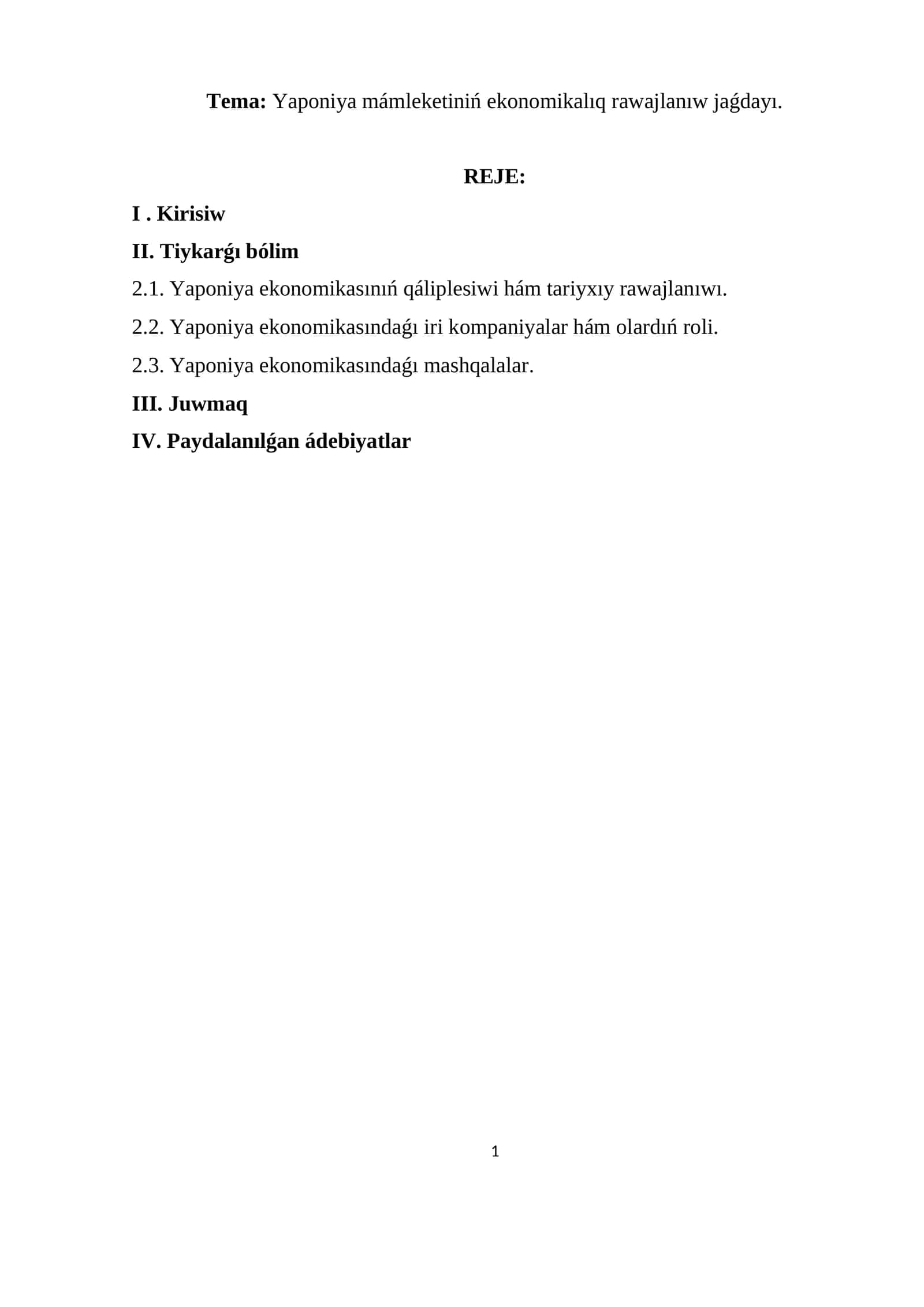 Yaponiya mámleketiniń ekonomikalıq rawajlanıw jaǵdayı
