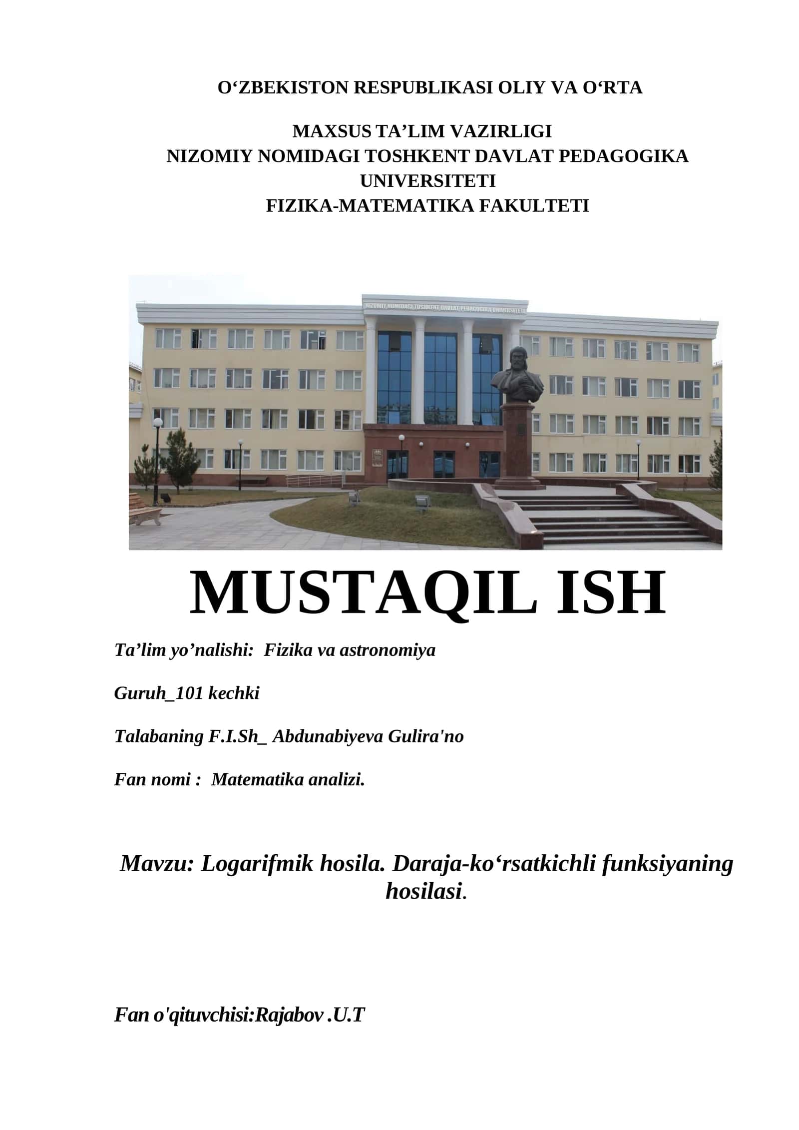 Matematika analizi - Logarifmik hosila