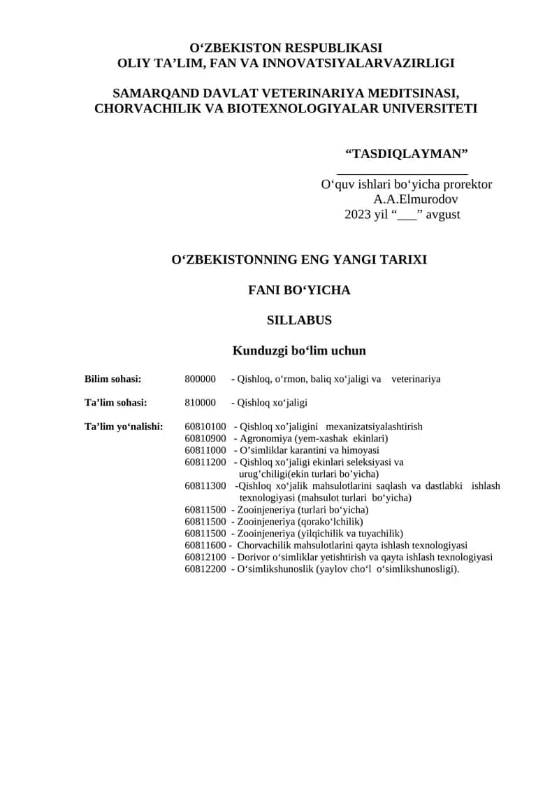 O'ZBEKISTONNING ENG YANGI TARIXI FANI BOʻYICHA