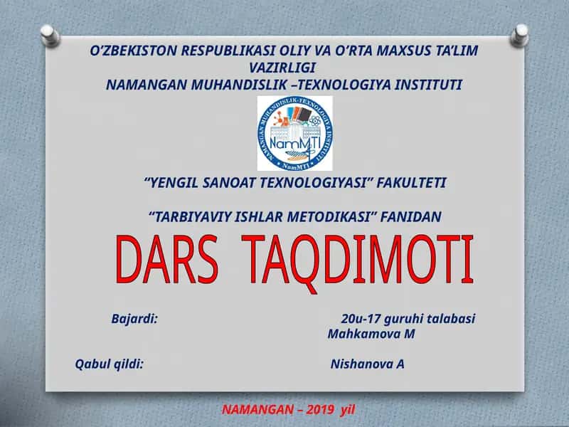 Tarbiyaviy ishlar metodikasi fanidan dars taqdimoti