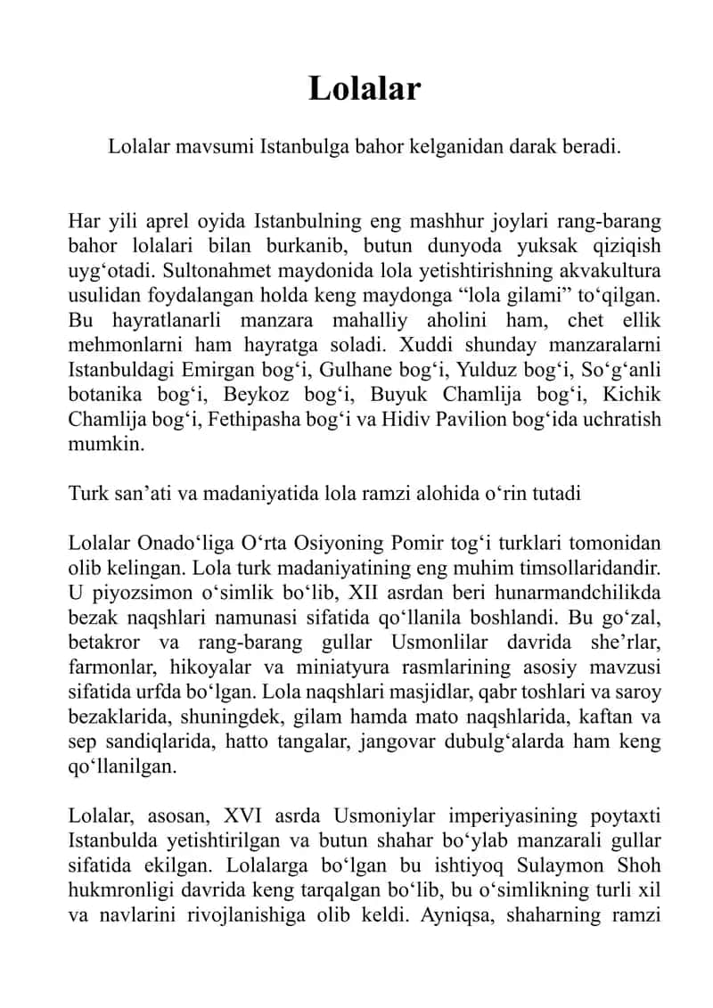 Lola matni ustida topshiriqlar