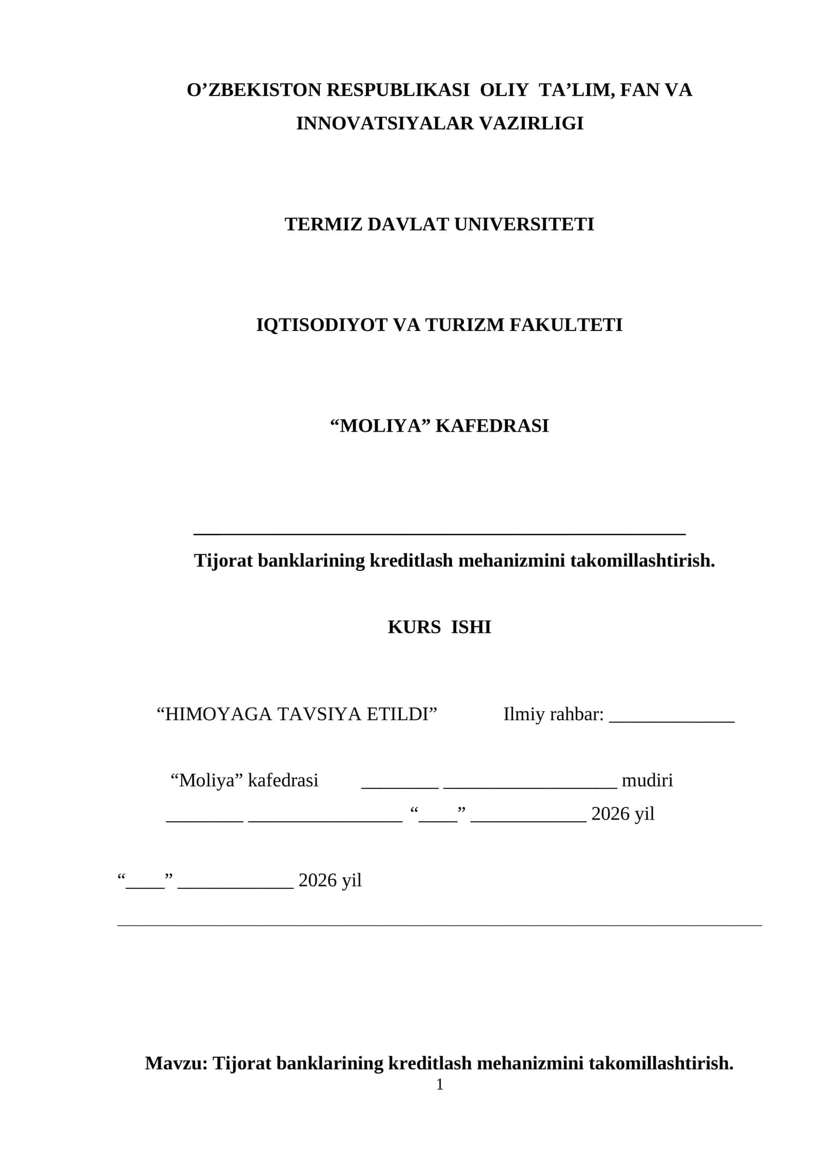 Tijorat banklarining kreditlash mehanizmini takomillashtirish