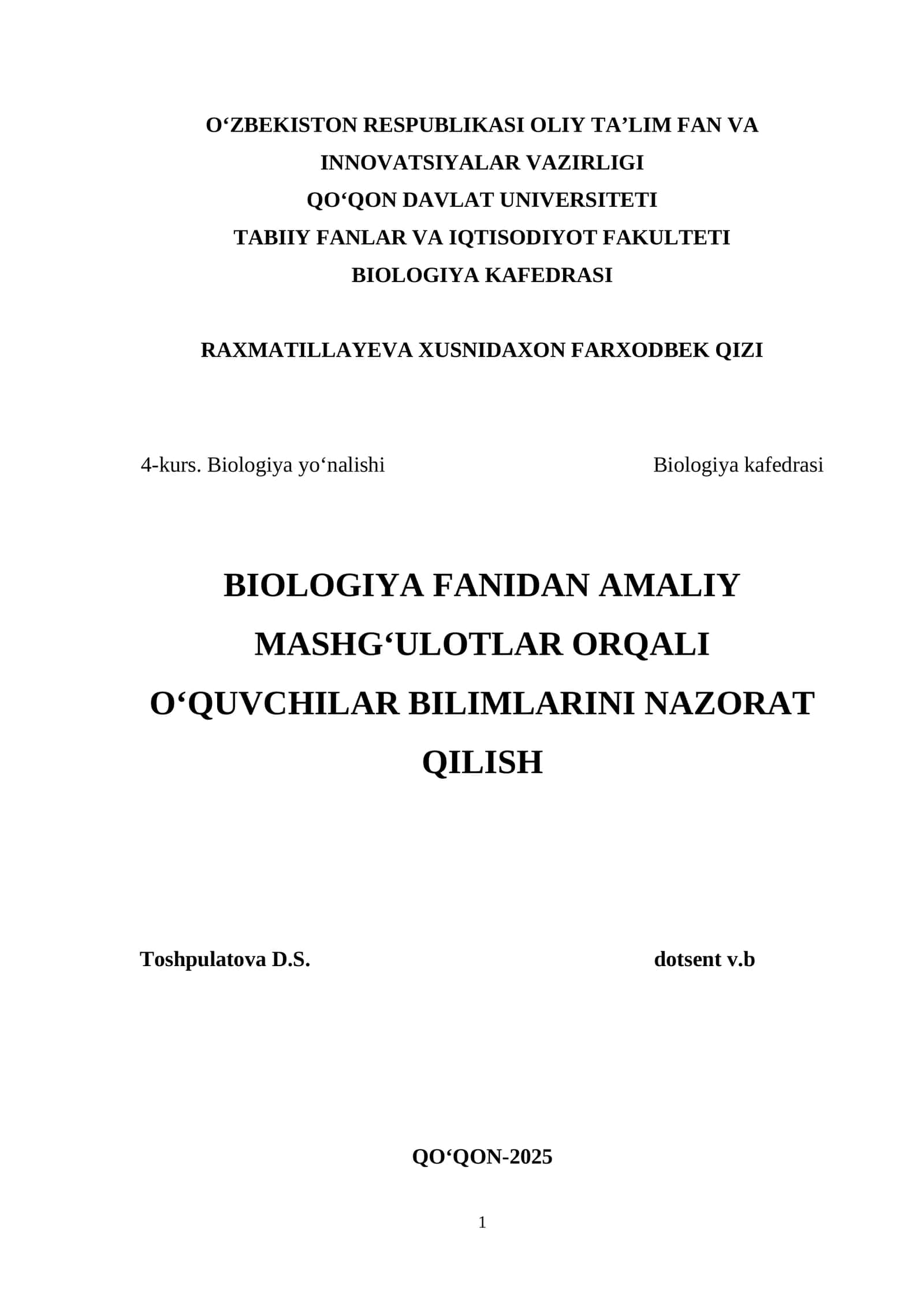 BIOLOGIYA FANIDAN AMALIY MASHG‘ULOTLAR ORQALI O‘QUVCHILAR BILIMLARINI NAZORAT QILISH