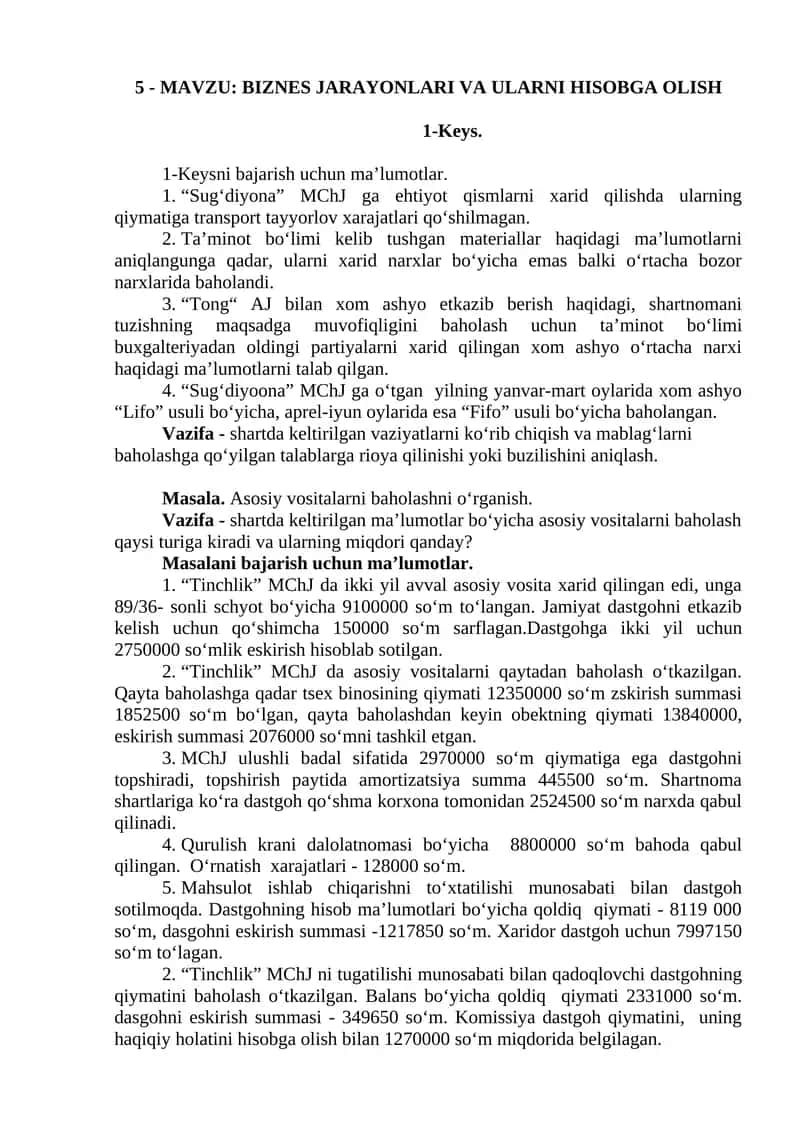 BIZNES JARAYONLARI VA ULARNI HISOBGA OLISH