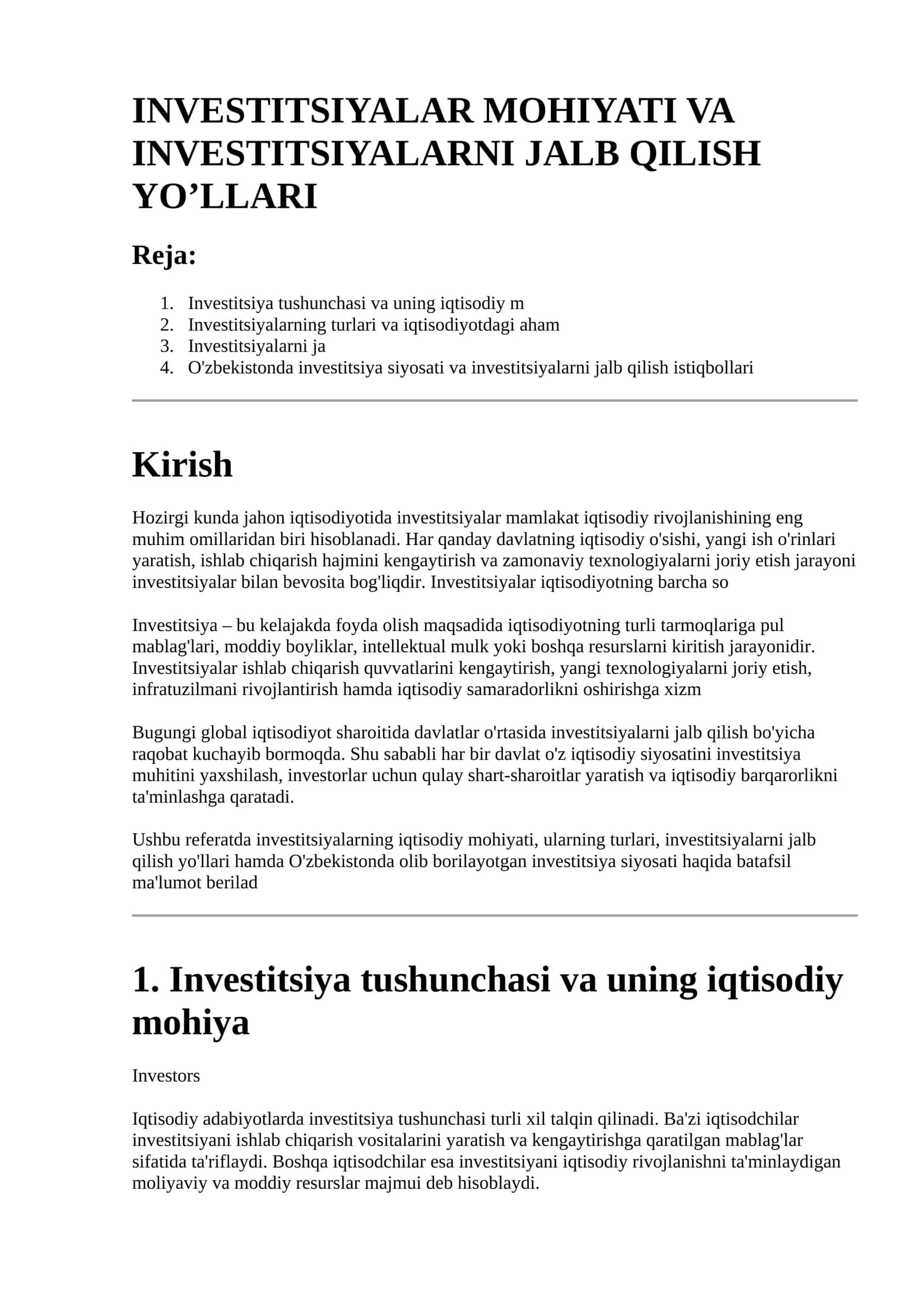 INVESTITSIYALAR MOHIYATI VA INVESTITSIYALARNI JALB QILISH YO’LLARI