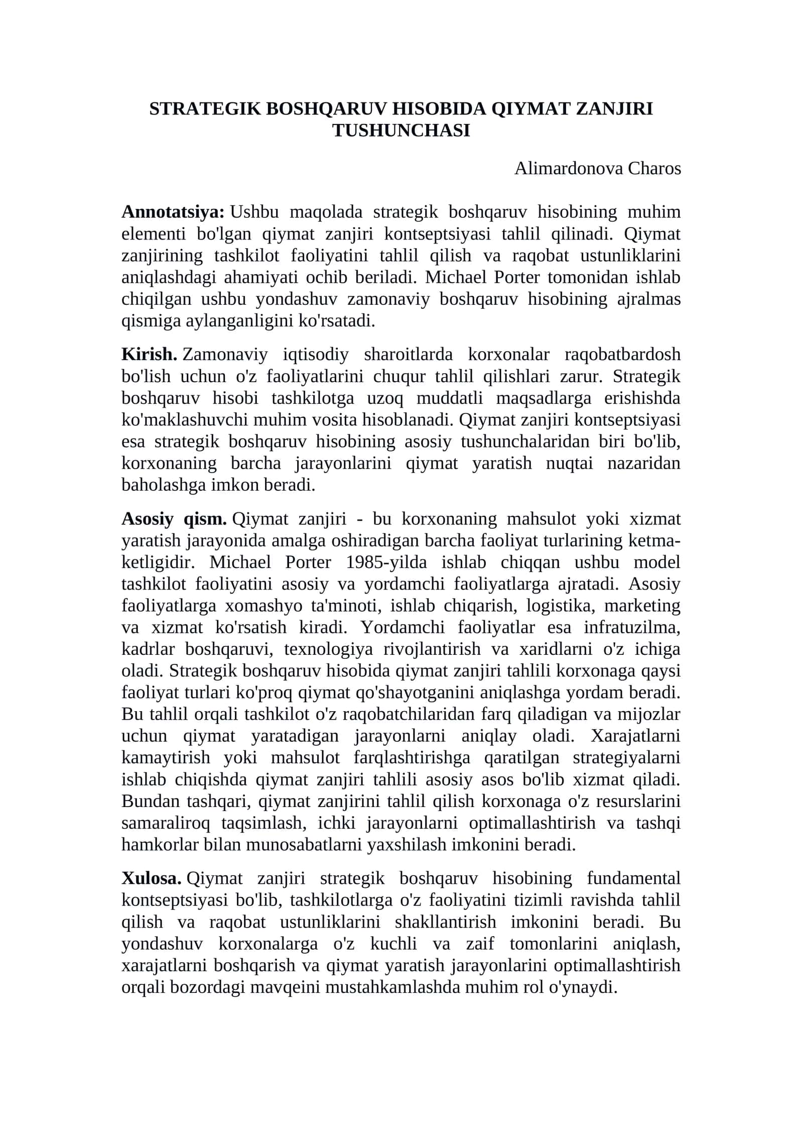STRATEGIK BOSHQARUV HISOBIDA QIYMAT ZANJIRI TUSHUNCHASI