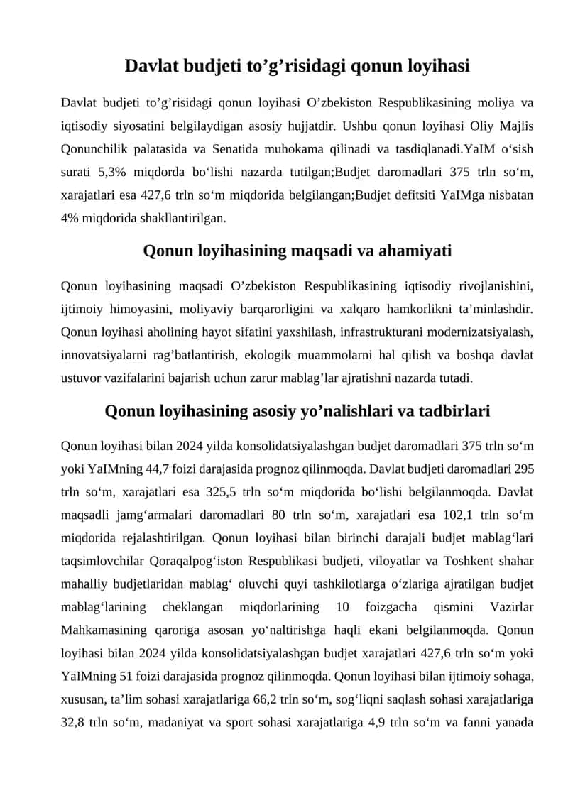Davlat budjeti to’g’risidagi qonun loyihasi