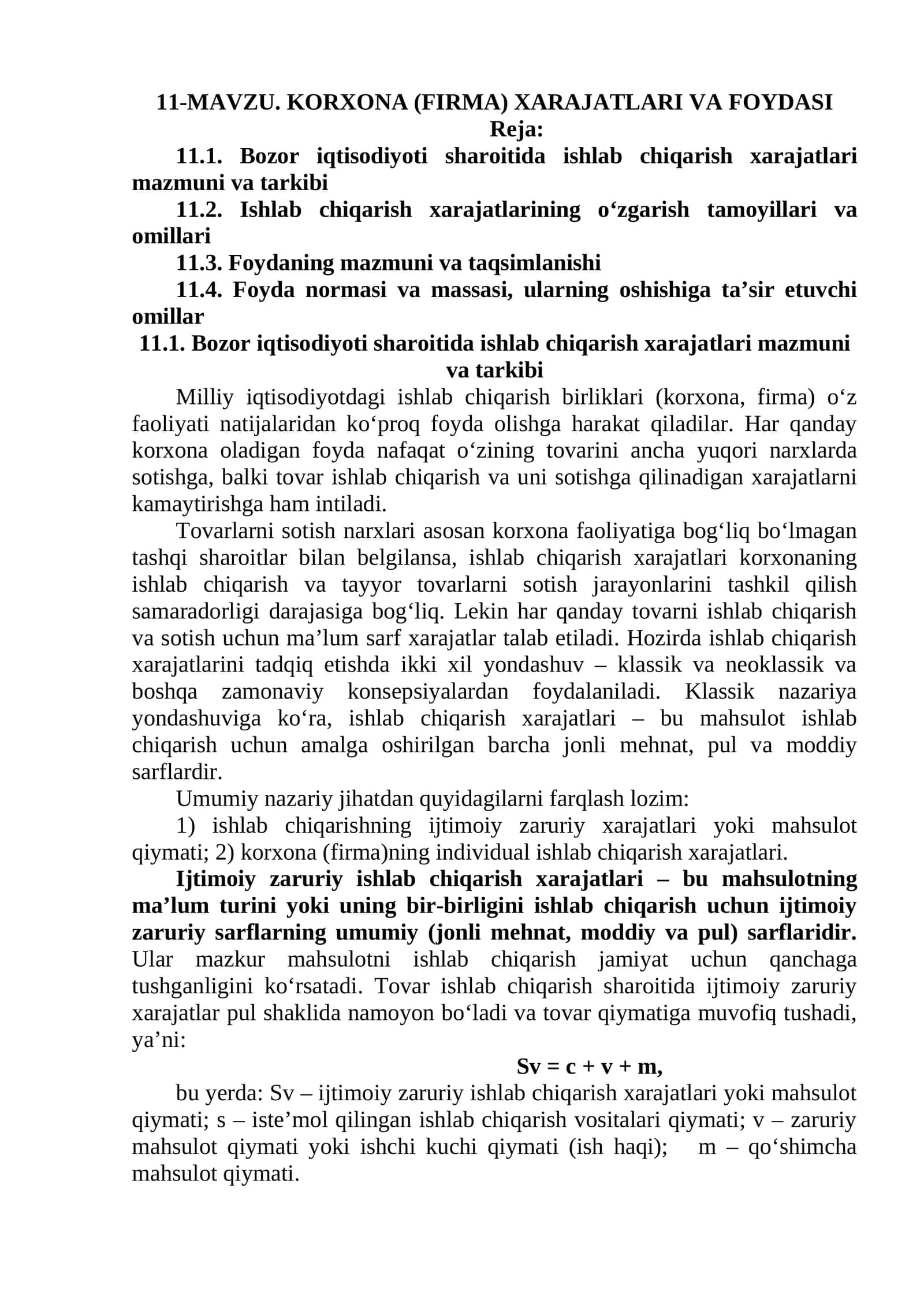 KORXONA (FIRMA) XARAJATLARI VA FOYDASI