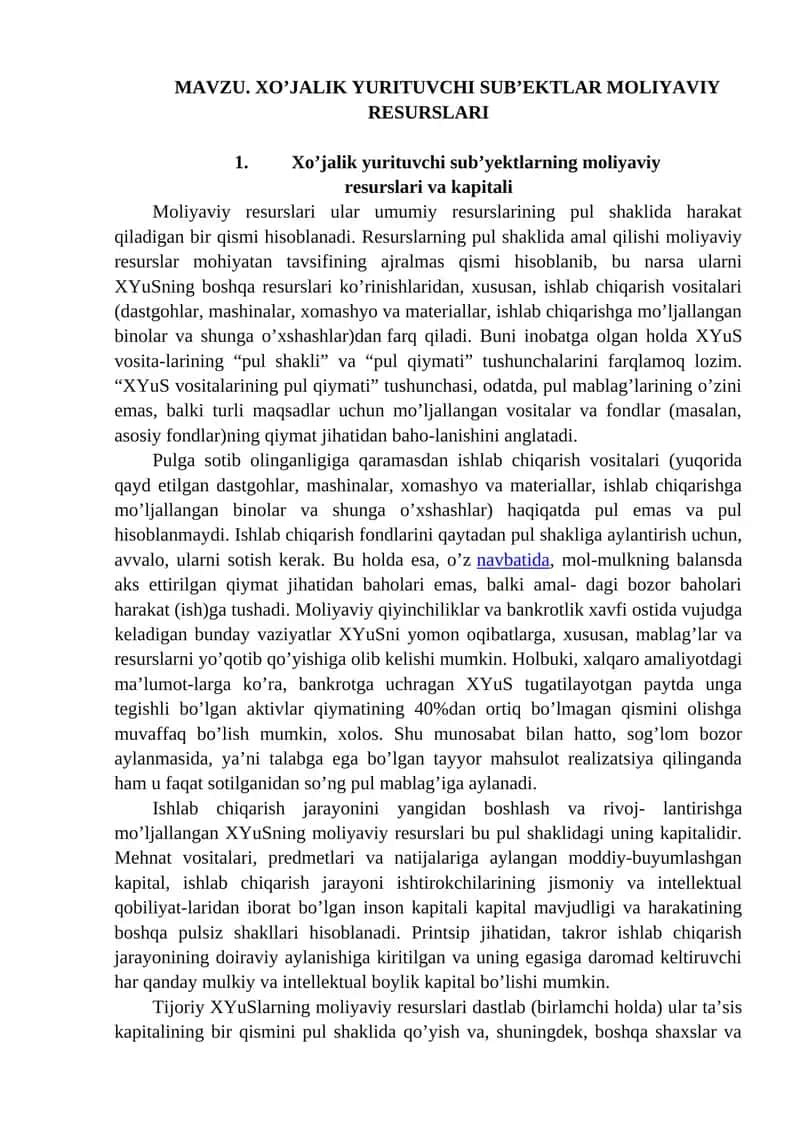 XO’JALIK YURITUVCHI SUB’EKTLAR MOLIYAVIY RESURSLARI