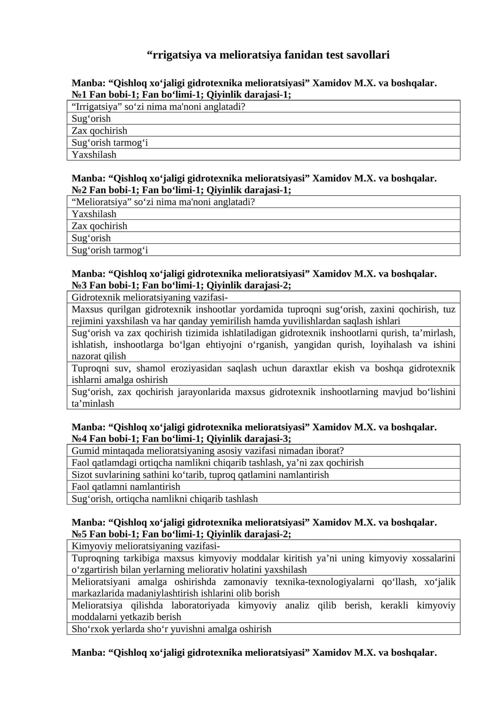 Irrigatsiya va Melioratsiya fanidan test savollari