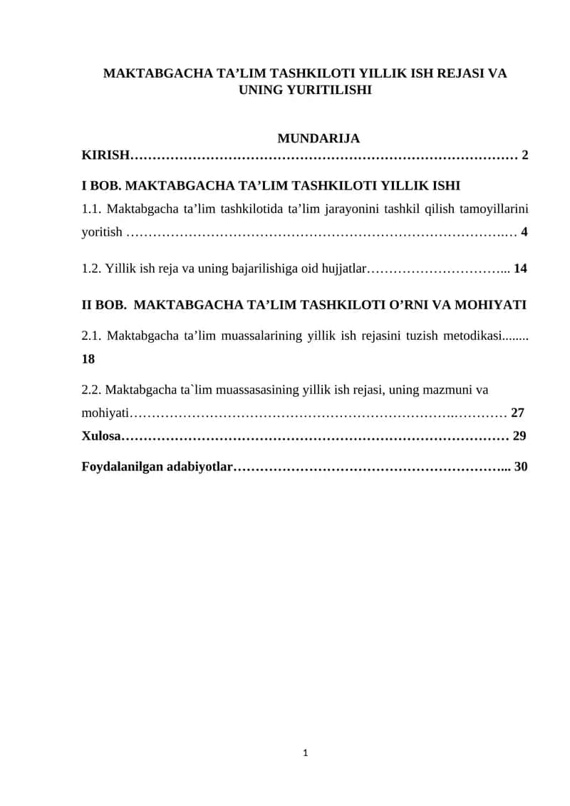 MAKTABGACHA TA'LIM TASHKILOTI YILLIK ISH REJASI VA UNING YURITILISHI