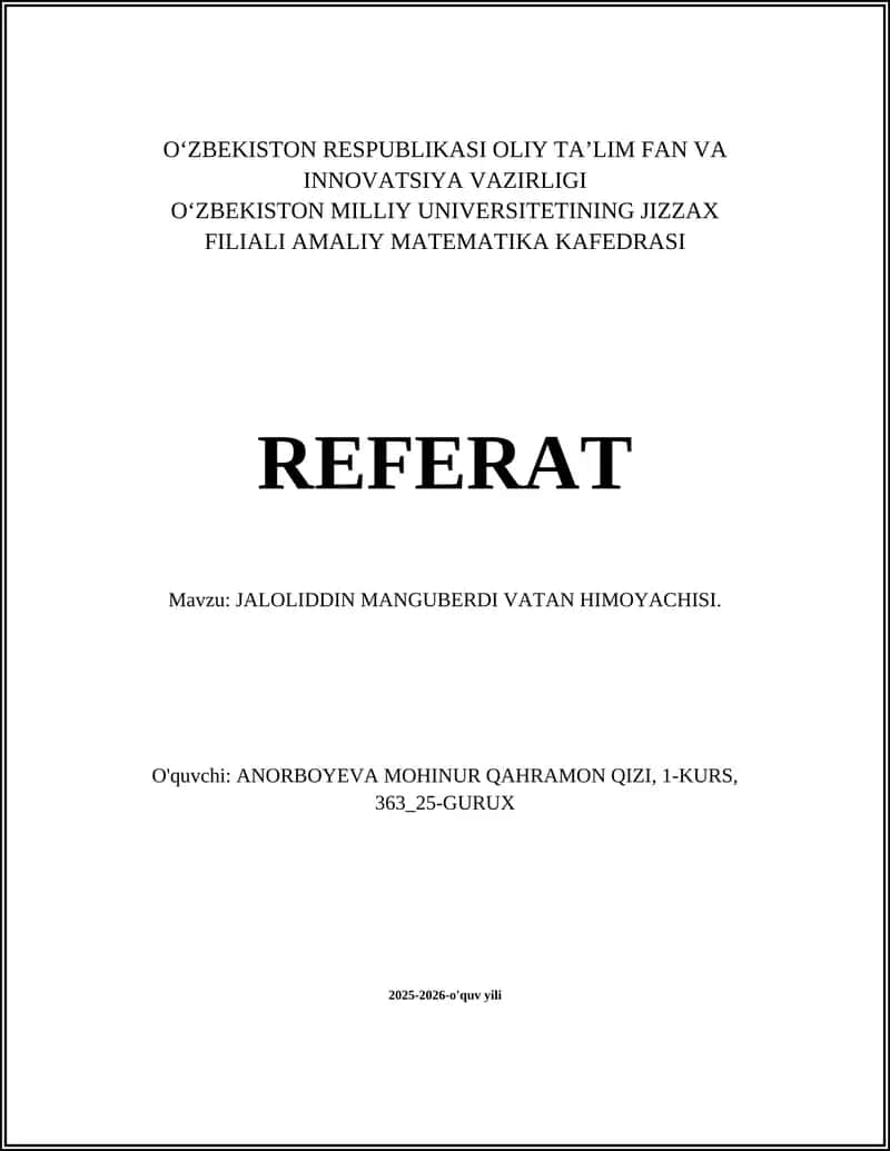 JALOLIDDIN MANGUBERDI VATAN HIMOYACHISI