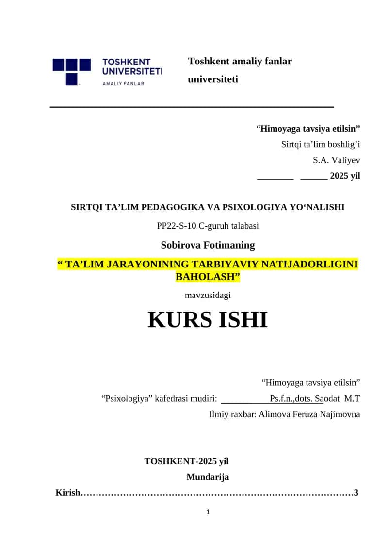 TAʼLIM JARAYONINING TARBIYAVIY NATIJADORLIGINI BAHOLASH.