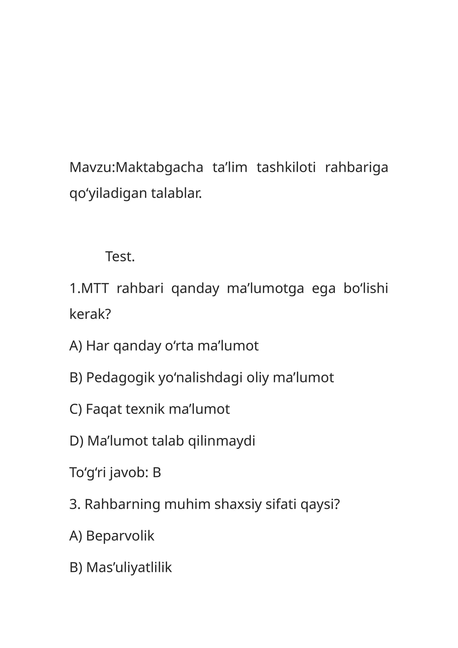 Maktabgacha taʼlim tashkiloti rahbariga qoʻyiladigan talablar