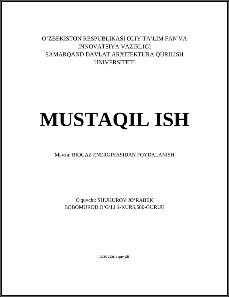 BIOGAZ ENERGIYASIDAN FOYDALANISH