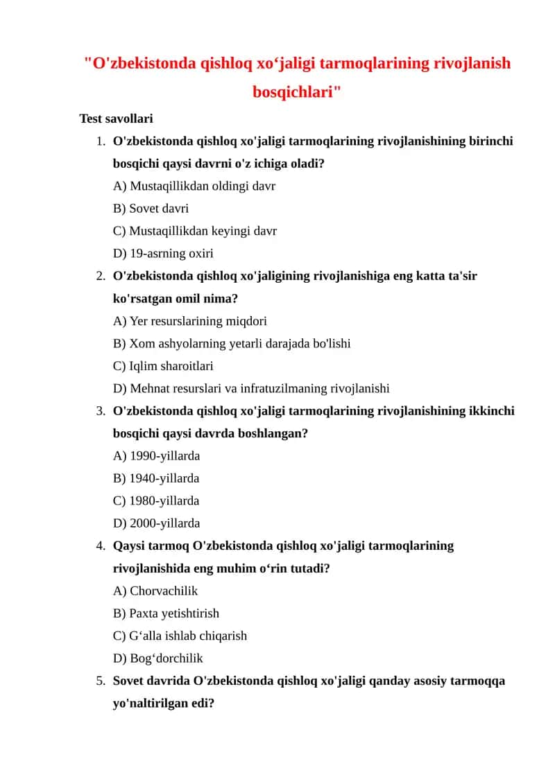 O'zbekistonda qishloq xo‘jaligi tarmoqlarining rivojlanish bosqichlari