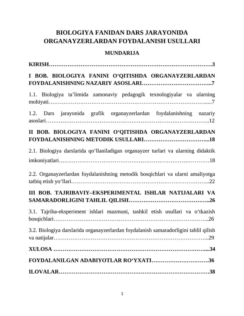 Biologiya fanidan dars jarayonida organayzerlardan foydalanish usullari