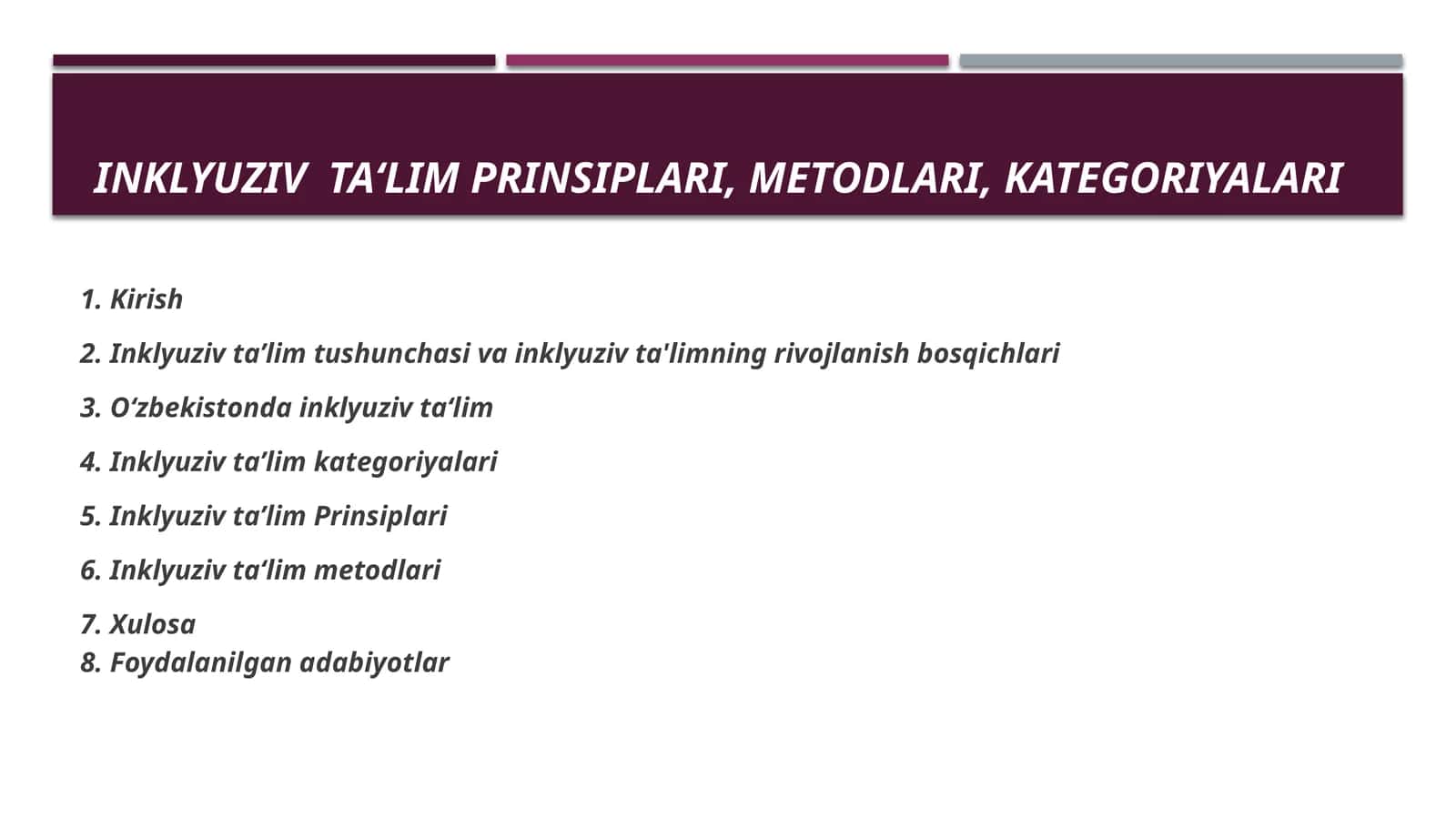 Inklyuziv Ta‘lim prinsiplari, Metodlari, kategoriyalari