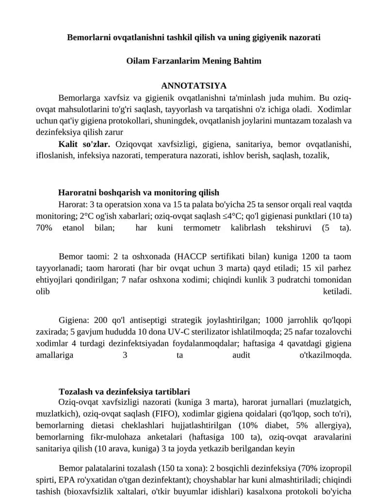 Bemorlarni ovqatlanishni tashkil qilish va uning gigiyenik nazorati