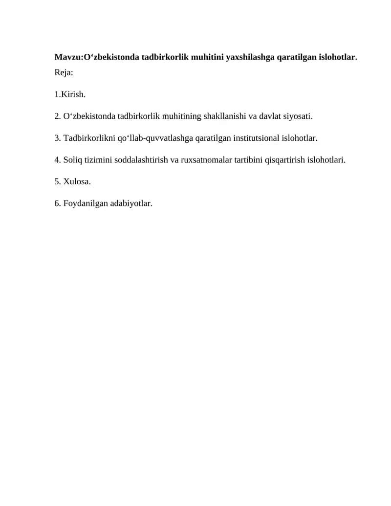 Oʻzbekistonda tadbirkorlik muhitini yaxshilashga qaratilgan islohotlar