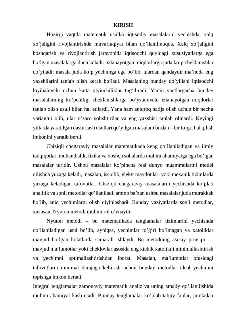 chiziqli bo'lmagan integral tenglamalarni Nyuton usuli bilan yechish