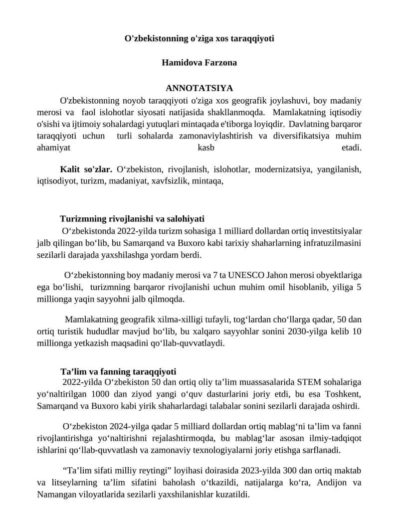Turizmning rivojlanishi va salohiyati