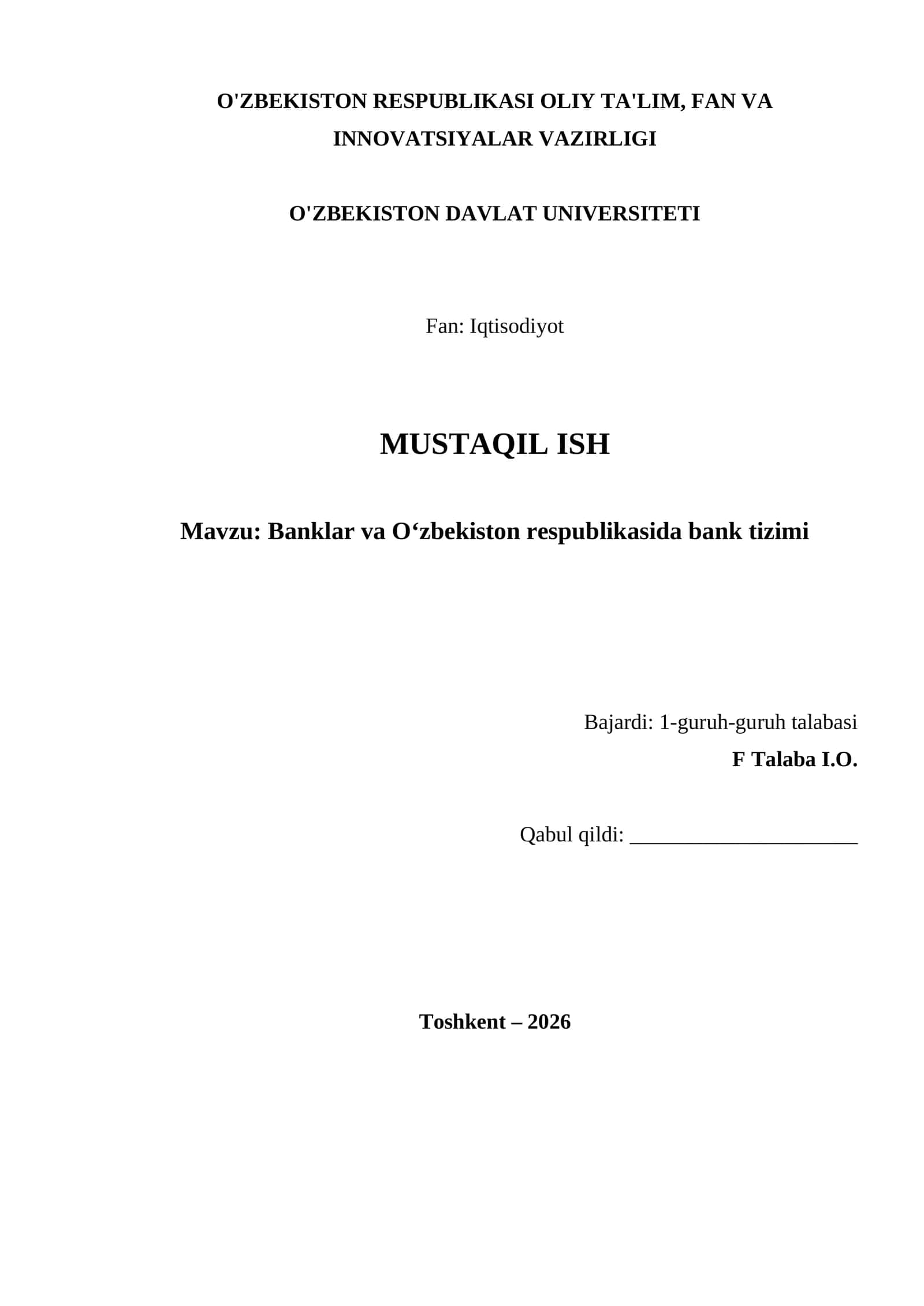 Banklar va O‘zbekiston respublikasida bank tizimi