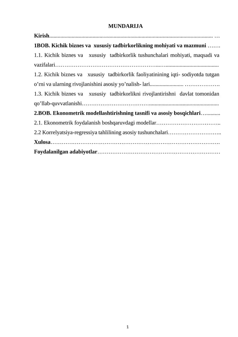 Kichik biznes va xususiy tadbirkorlikning mohiyati va mazmuni