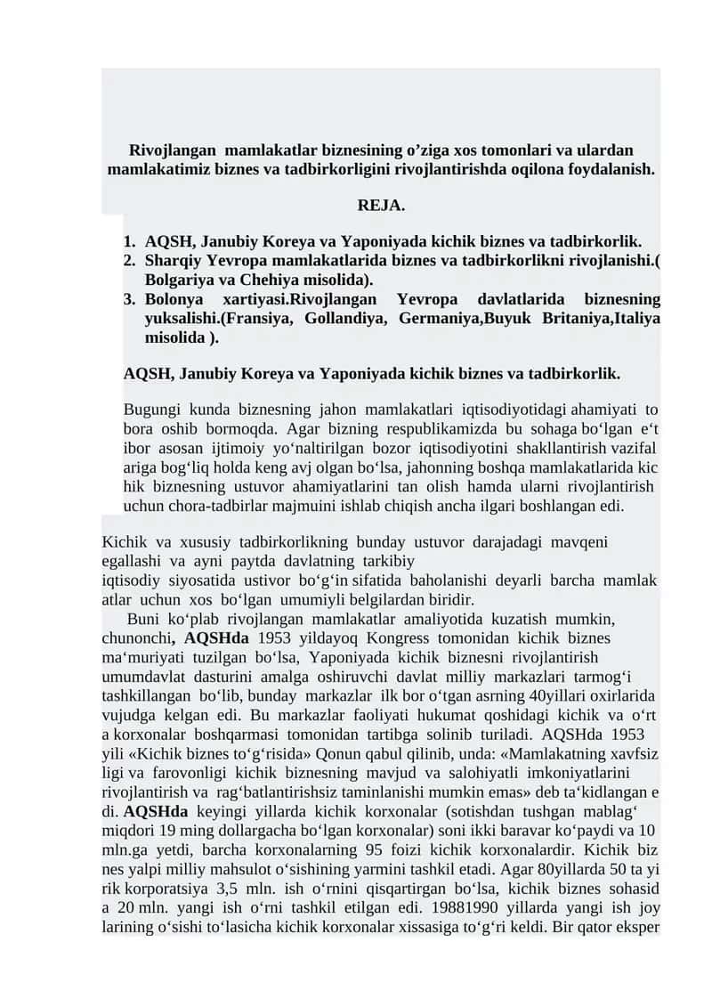 Rivojlangan mamlakatlar biznesining o’ziga xos tomonlari va ulardan mamlakatimiz biznes va tadbirkorligini rivojlantirishda oqilona foydalanish