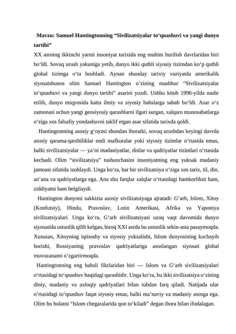 Samuel Hantingtonning “Sivilizatsiyalar to‘qnashuvi va yangi dunyo tartibi”