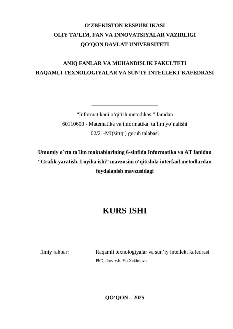 Umumiy o`rta ta`lim maktablarining 6-sinfida Informatika va AT fanidan “Grafik yaratish. Loyiha ishi”