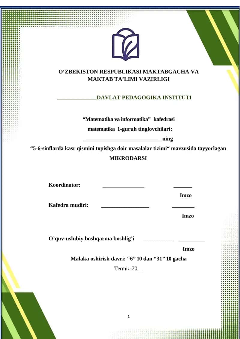 5-6-sinflarda kasr qismini topishga doir masalalar tizimi mikrodars