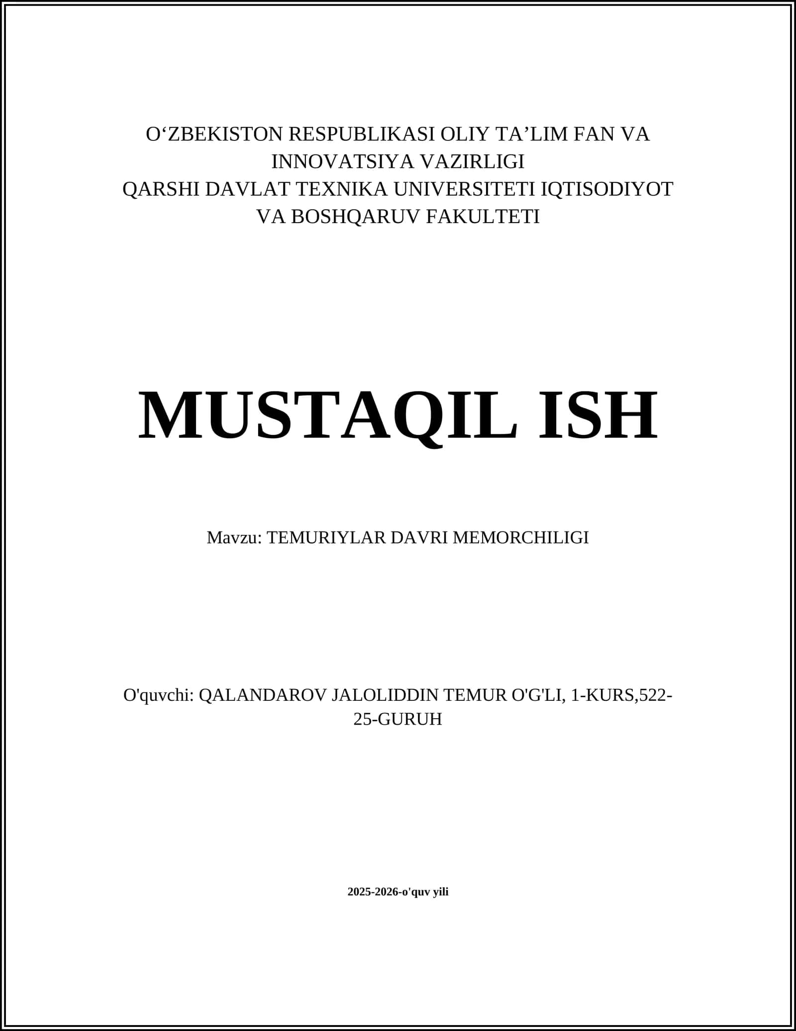 TEMURIYLAR DAVRI MEMORCHILIGI