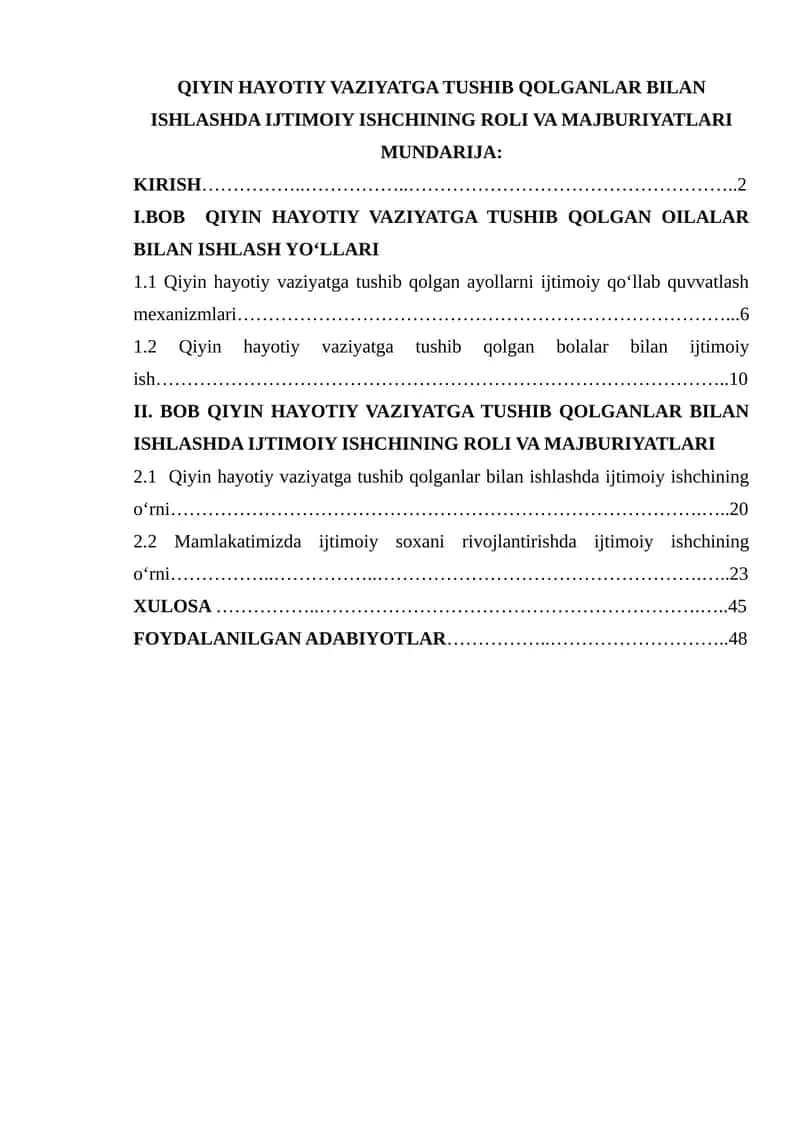 QIYIN HAYOTIY VAZIYATGA TUSHIB QOLGANLAR BILAN ISHLASHDA IJTIMOIY ISHCHINING ROLI VA MAJBURIYATLARI
